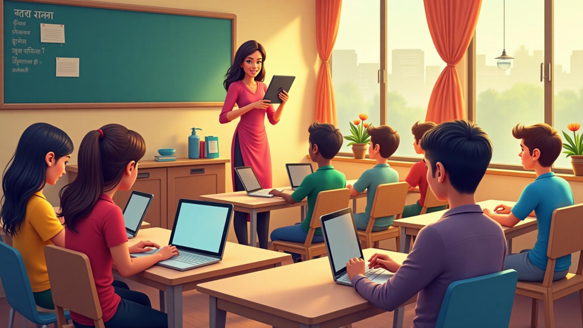 Modern Indian classroom with digital learning